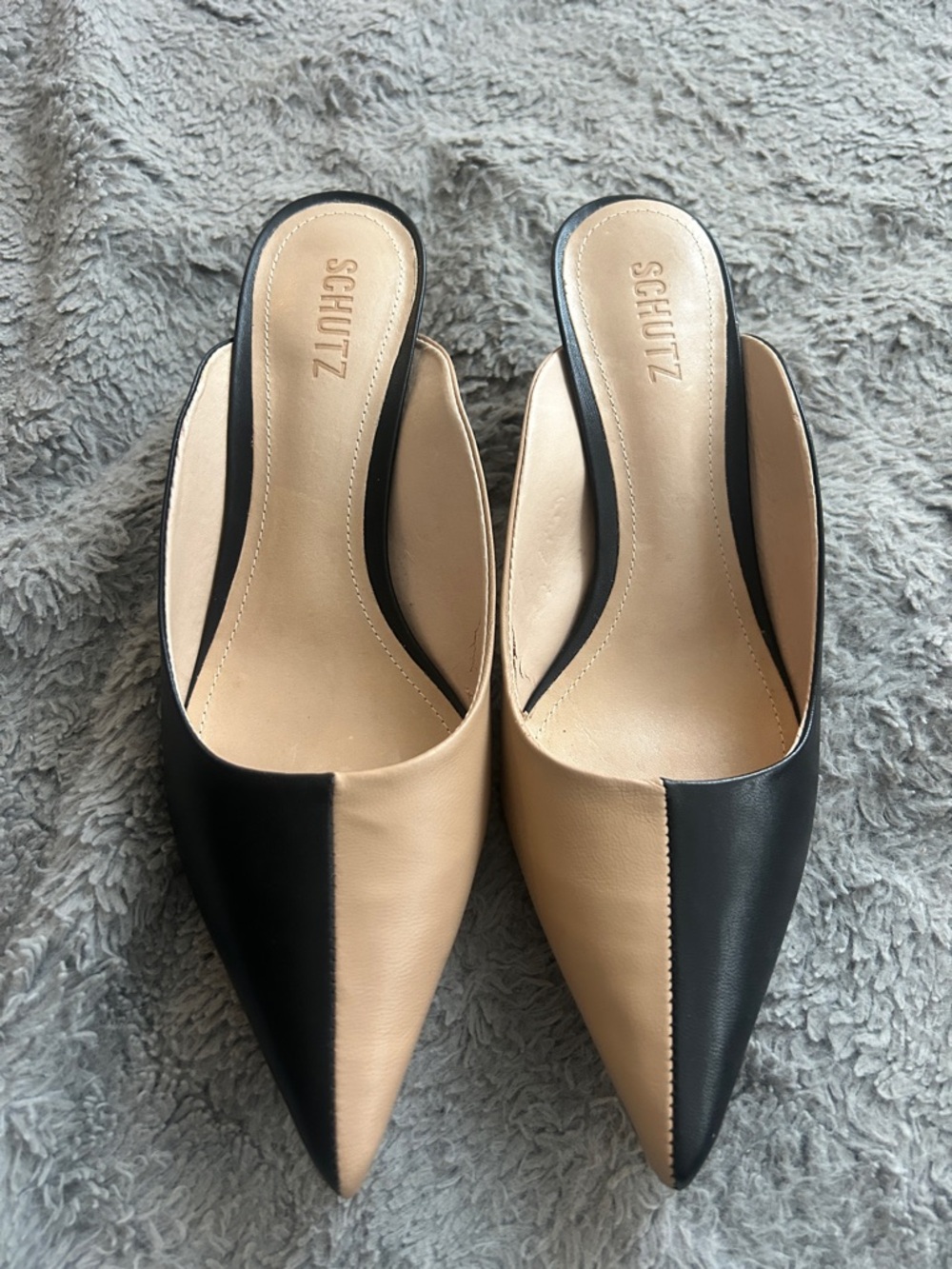 SCHUTZ Black and Beige Pointed-Toe Colorblock Mules